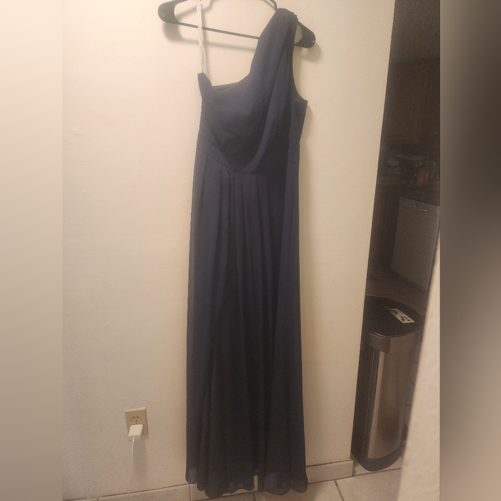 David's Bridal Midnight Blue One-Shoulder Gown